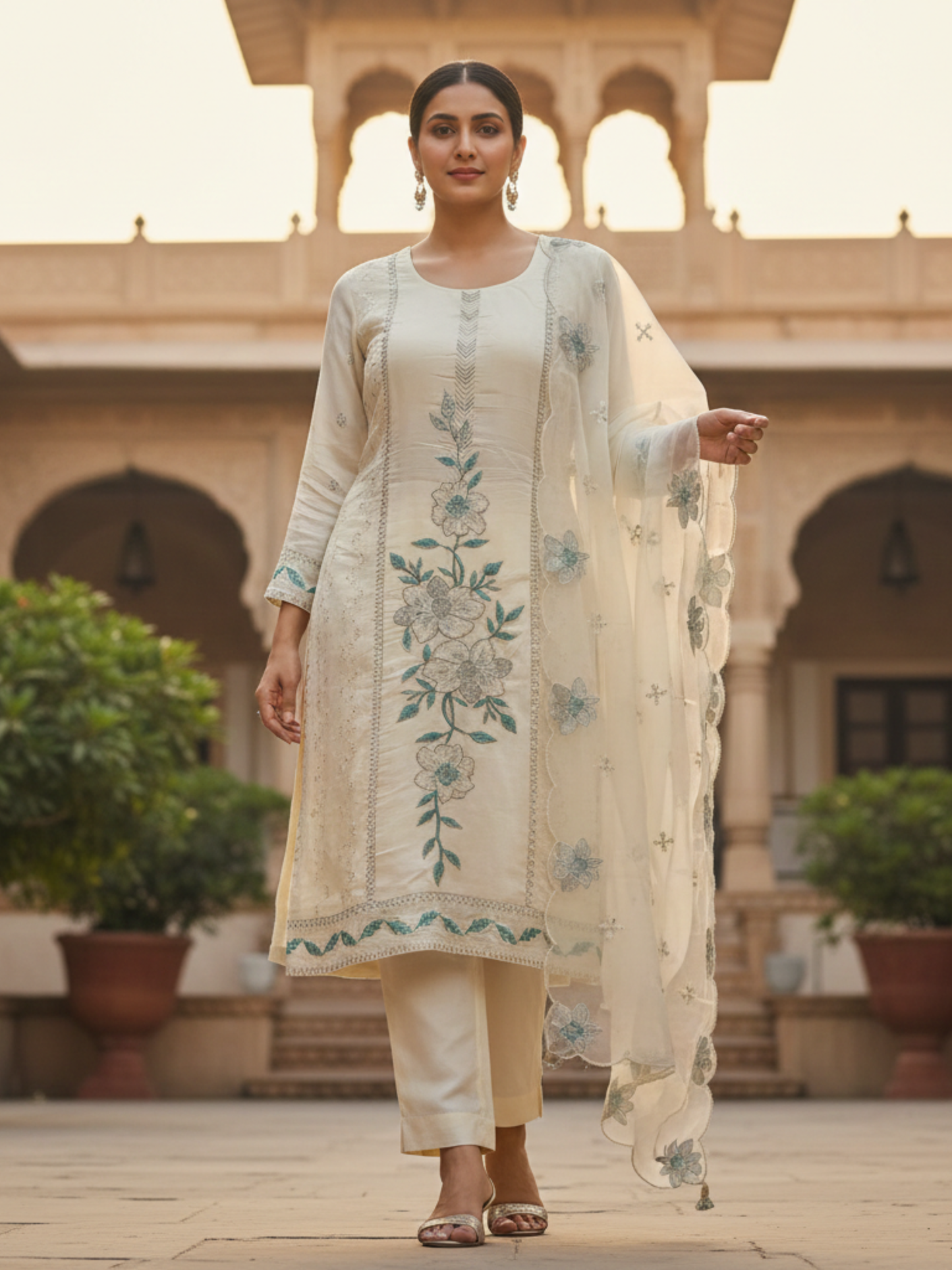 Elegant Ivory Floral Embroidered Kurta Pant Set with Dupatta – Plus Size (3XL, 4XL, 5XL)