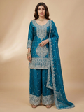 Teal Blue Embroidered Tissue Suit Set for Women | 3-Piece Kurta, Palazzo & Dupatta | Festive Wear