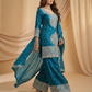 Teal Blue Embroidered Tissue Suit Set for Women | 3-Piece Kurta, Palazzo & Dupatta | Festive Wear
