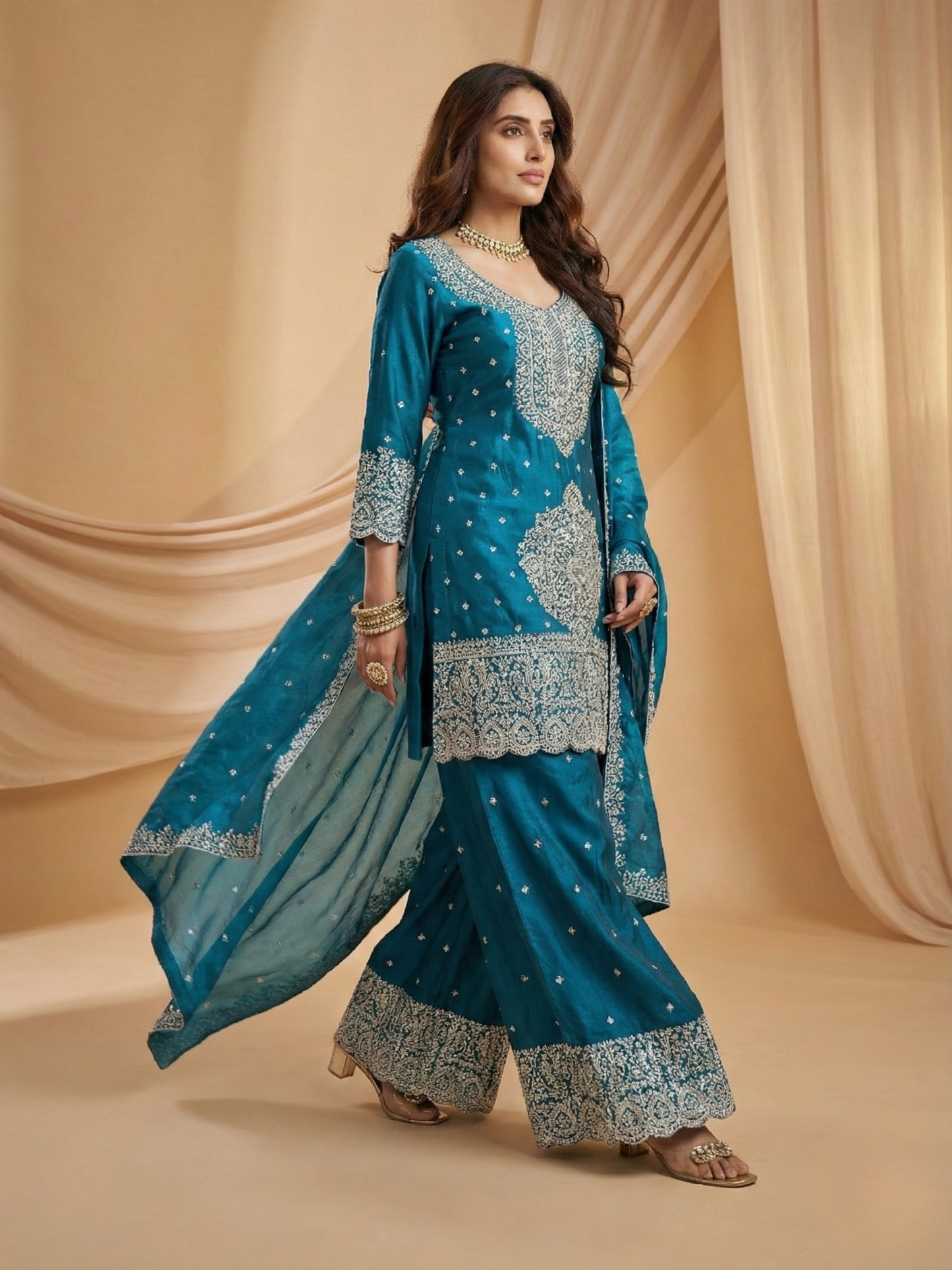 Teal Blue Embroidered Tissue Suit Set for Women | 3-Piece Kurta, Palazzo & Dupatta | Festive Wear