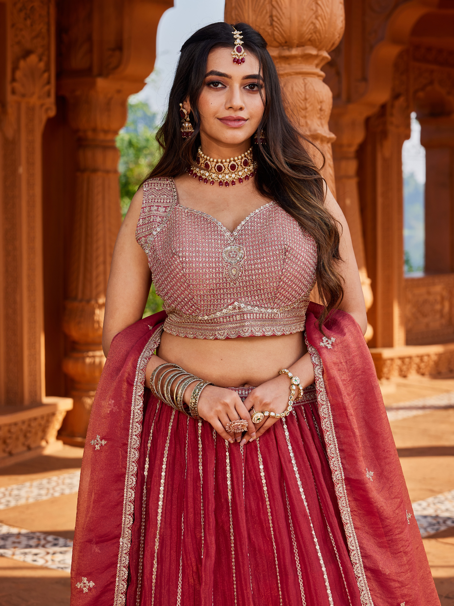 Wine Maroon Tissue Lehenga Set for Women | 3-Piece Lehenga, Blouse & Dupatta with Traditional Work | Wedding & Festive Wear