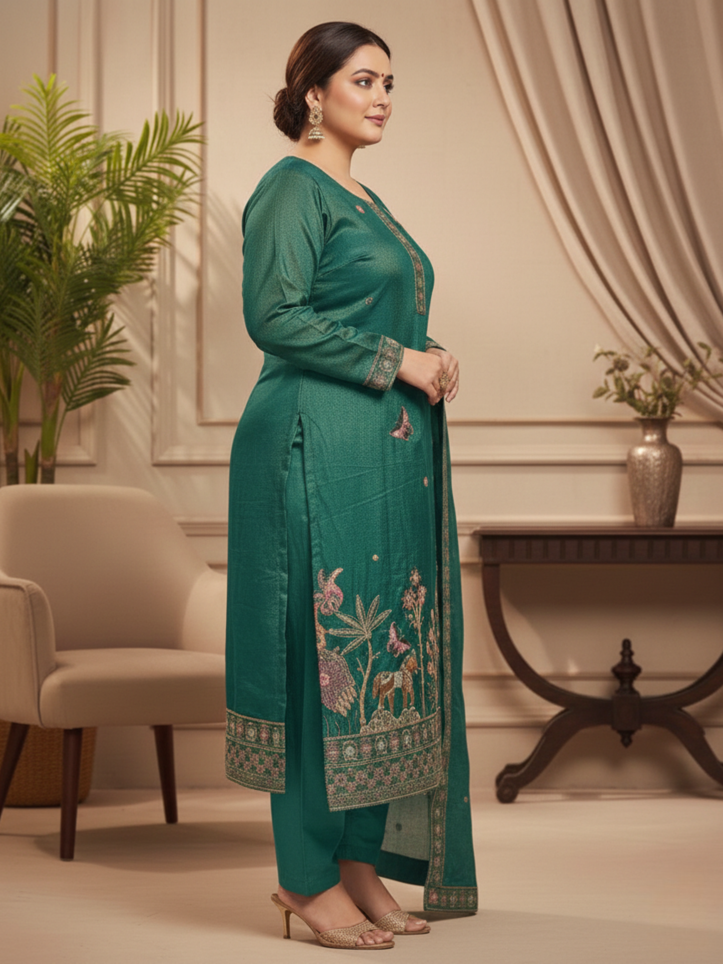 Emerald Green Embroidered Silk Blend Kurta Pant Set with Dupatta – Plus Size (3XL, 4XL, 5XL)