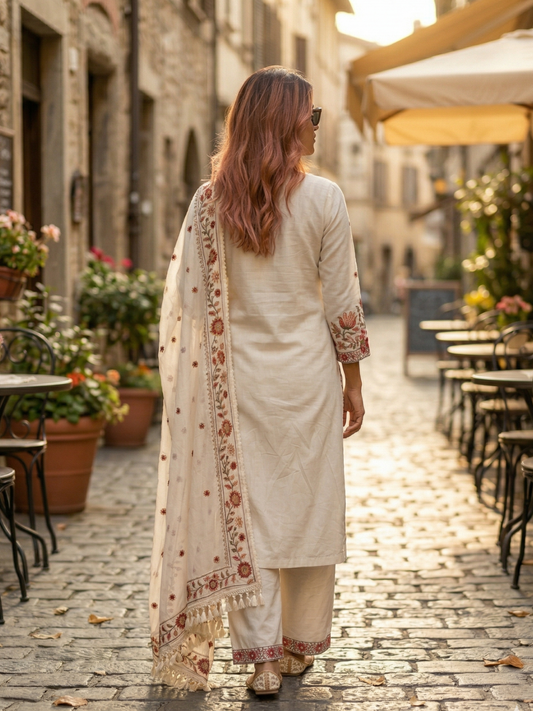 Ivory Red Floral Embroidered Pure Cotton Kurta Pant Set with Dupatta Summer Special Ethnic Wear | Sizes M to XXL