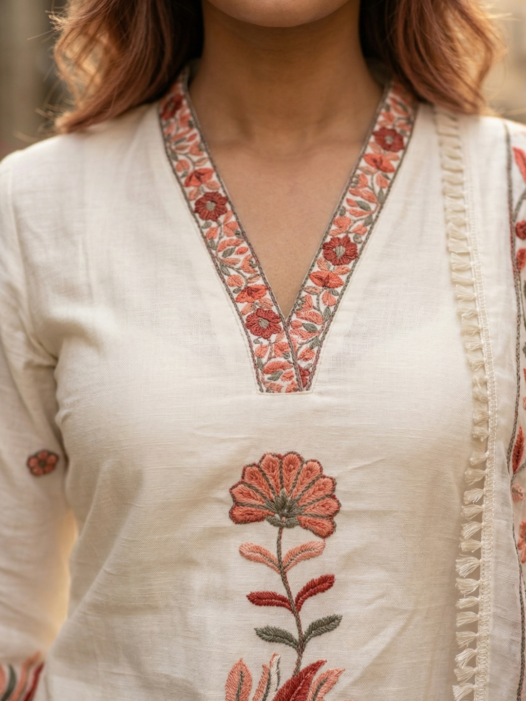 Ivory Red Floral Embroidered Pure Cotton Kurta Pant Set with Dupatta Summer Special Ethnic Wear | Sizes M to XXL