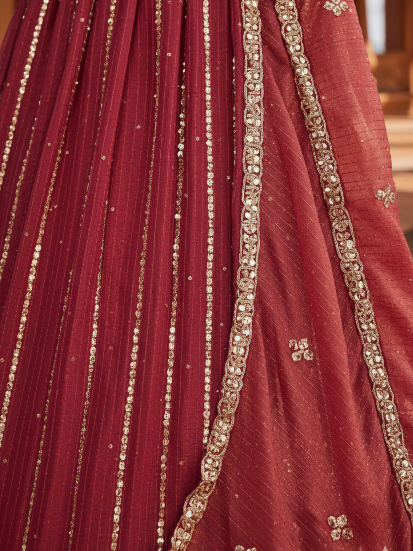 Wine Maroon Tissue Lehenga Set for Women | 3-Piece Lehenga, Blouse & Dupatta with Traditional Work | Wedding & Festive Wear