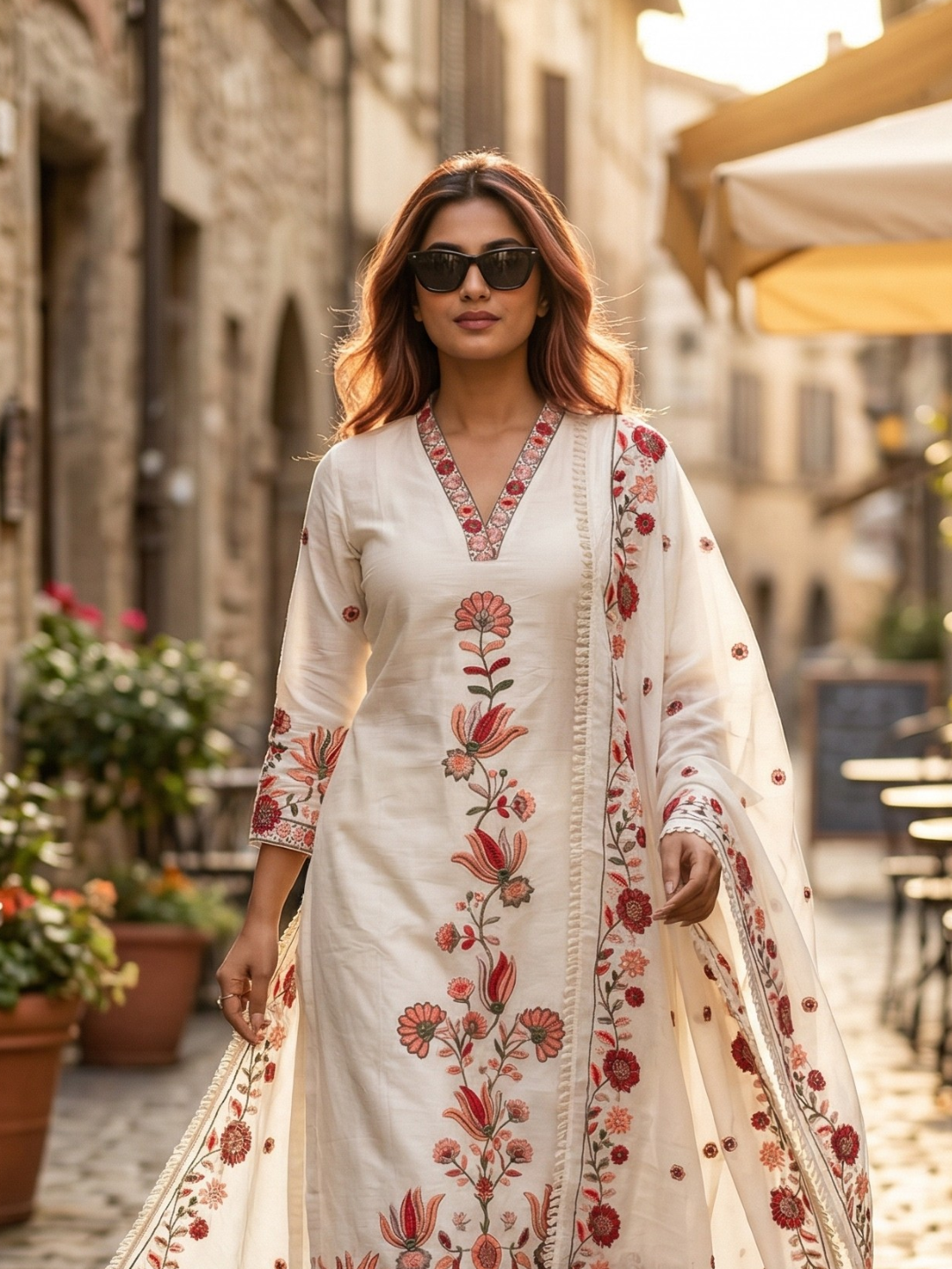 Ivory Red Floral Embroidered Pure Cotton Kurta Pant Set with Dupatta Summer Special Ethnic Wear | Sizes M to XXL