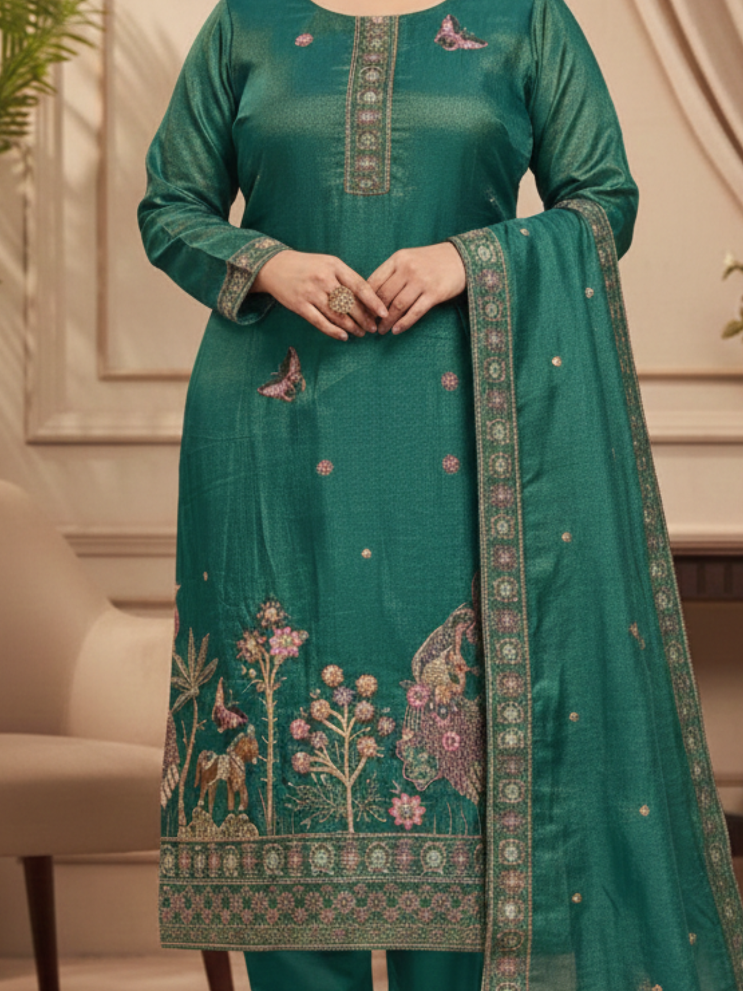 Emerald Green Embroidered Silk Blend Kurta Pant Set with Dupatta – Plus Size (3XL, 4XL, 5XL)