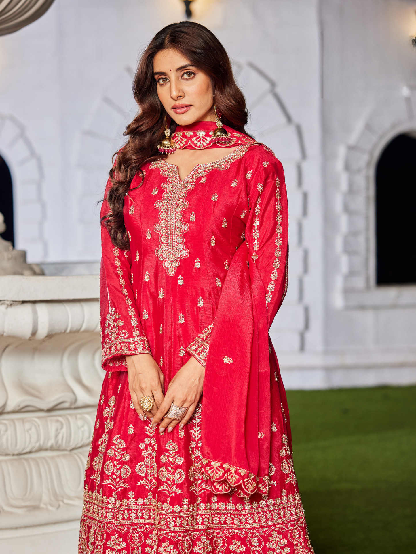Crimson Red Tissue Suit Set for Women | 3-Piece Kurta, Palazzo & Dupatta with Traditional Work | Festive & Wedding Wear