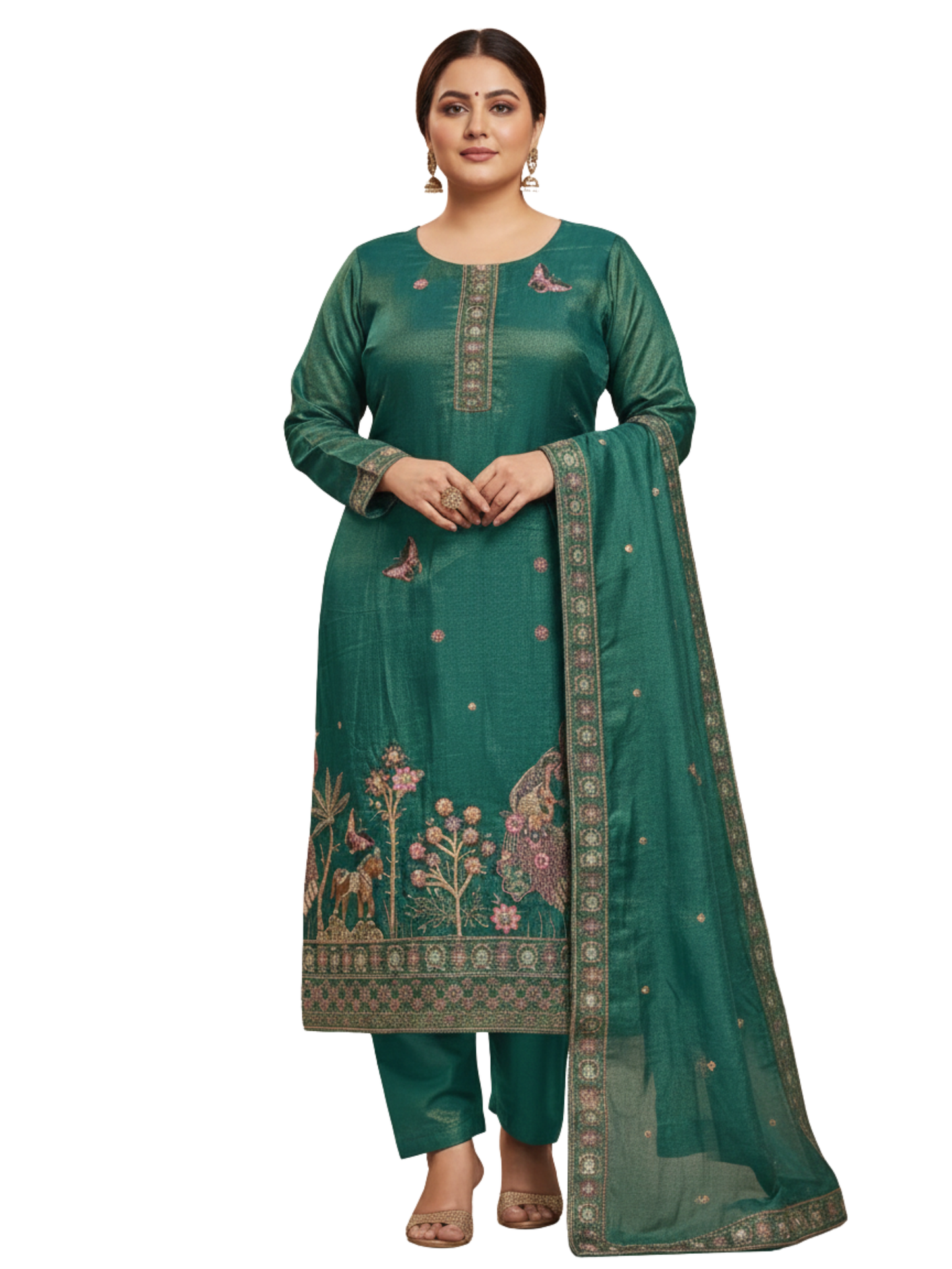 Emerald Green Embroidered Silk Blend Kurta Pant Set with Dupatta – Plus Size (3XL, 4XL, 5XL)