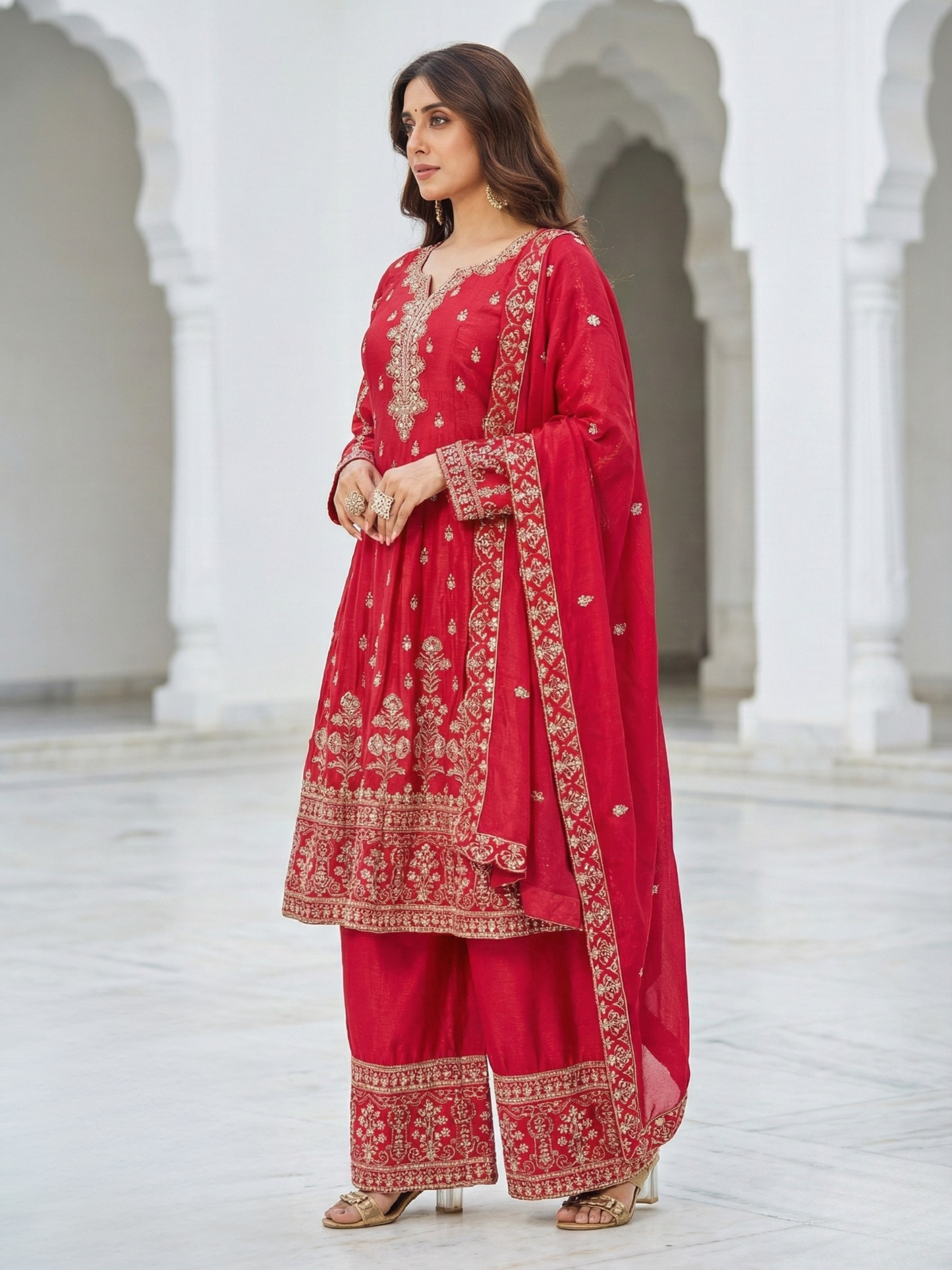 Crimson Red Tissue Suit Set for Women | 3-Piece Kurta, Palazzo & Dupatta with Traditional Work | Festive & Wedding Wear