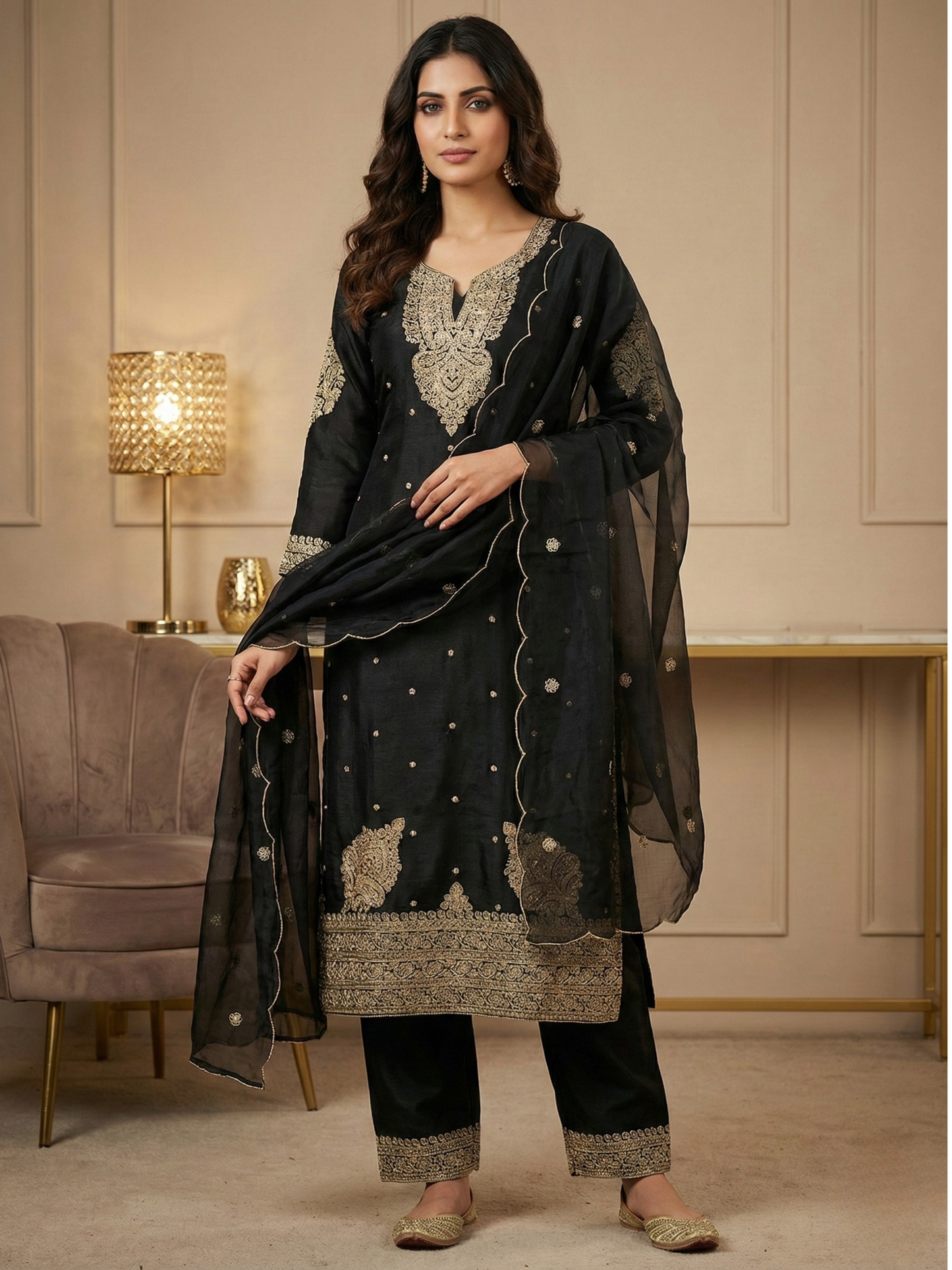 Women’s Midnight Black Embroidered Silk Blend Kurta Pant Set with Dupatta | Plus Size Festive Ethnic Wear (3XL, 4XL, 5XL)