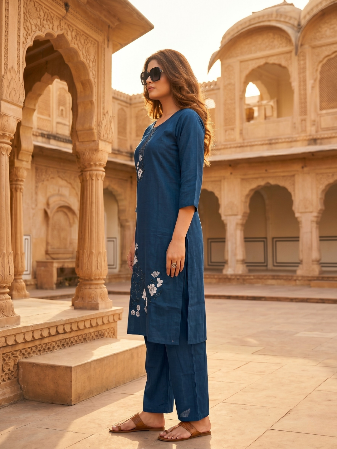 Navy Blue Embroidered Straight Kurta Pant Set for Women (M to XXL) | Summer Collection