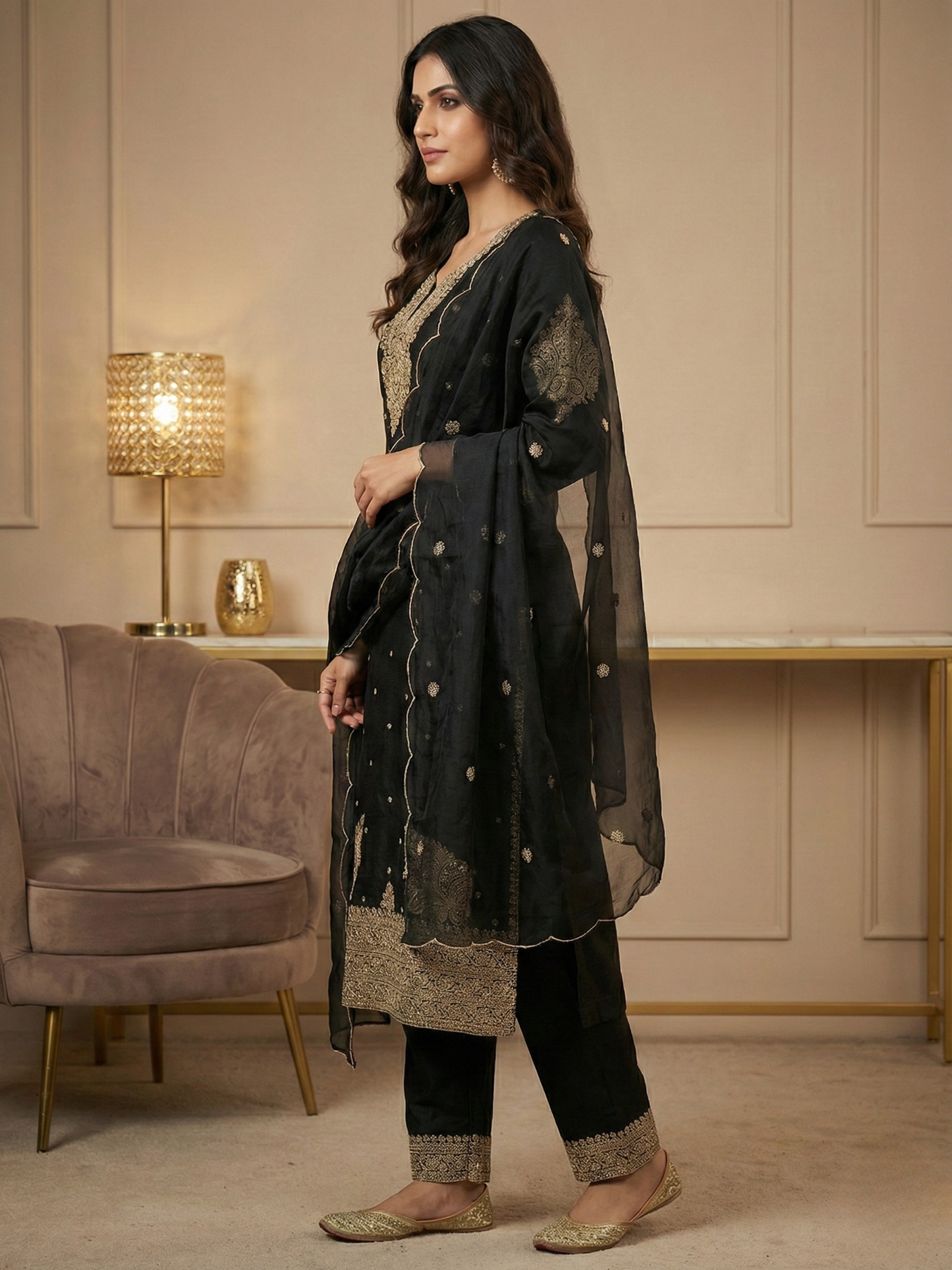 Women’s Midnight Black Embroidered Silk Blend Kurta Pant Set with Dupatta | Plus Size Festive Ethnic Wear (3XL, 4XL, 5XL)