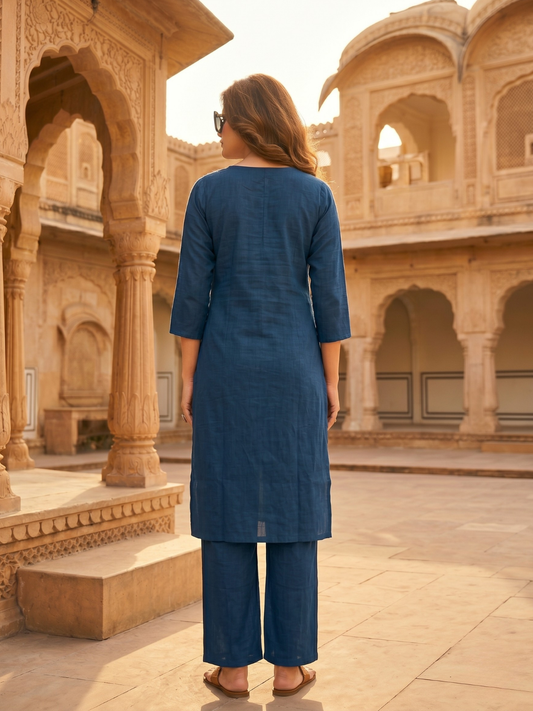 Navy Blue Embroidered Straight Kurta Pant Set for Women (M to XXL) | Summer Collection