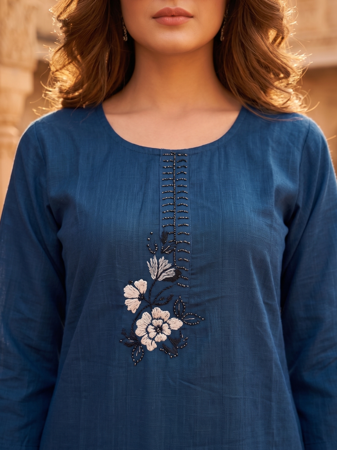 Navy Blue Embroidered Straight Kurta Pant Set for Women (M to XXL) | Summer Collection