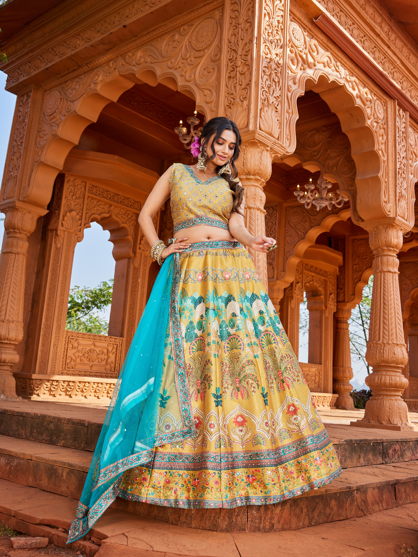 Mustard Yellow Lehenga Set for Women | 3-Piece Ghaghra, Choli & Dupatta with Traditional Work | Wedding & Festive Wear