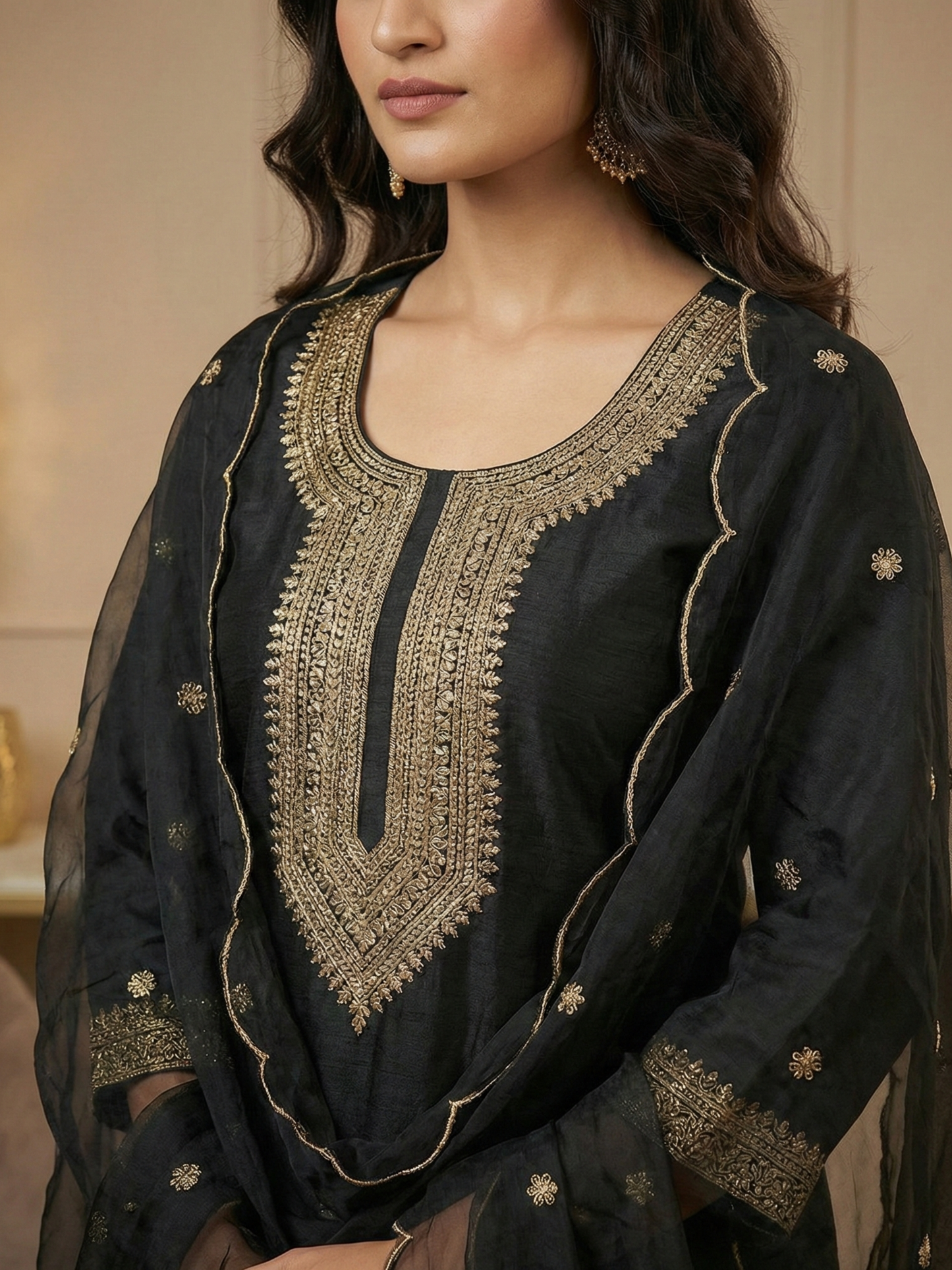 Women’s Midnight Black Embroidered Silk Blend Kurta Pant Set with Dupatta | Plus Size Festive Ethnic Wear (3XL, 4XL, 5XL)