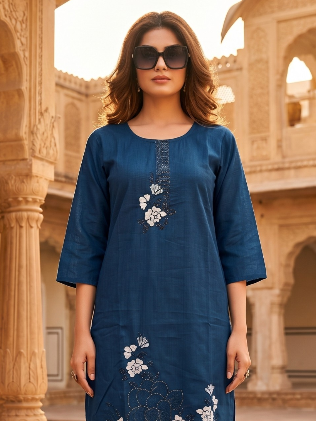 Navy Blue Embroidered Straight Kurta Pant Set for Women (M to XXL) | Summer Collection