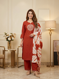Rust Orange Printed Kurta Pant Set with Tie-Dye Dupatta for Women (M to XXL)