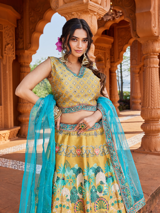 Mustard Yellow Lehenga Set for Women | 3-Piece Ghaghra, Choli & Dupatta with Traditional Work | Wedding & Festive Wear