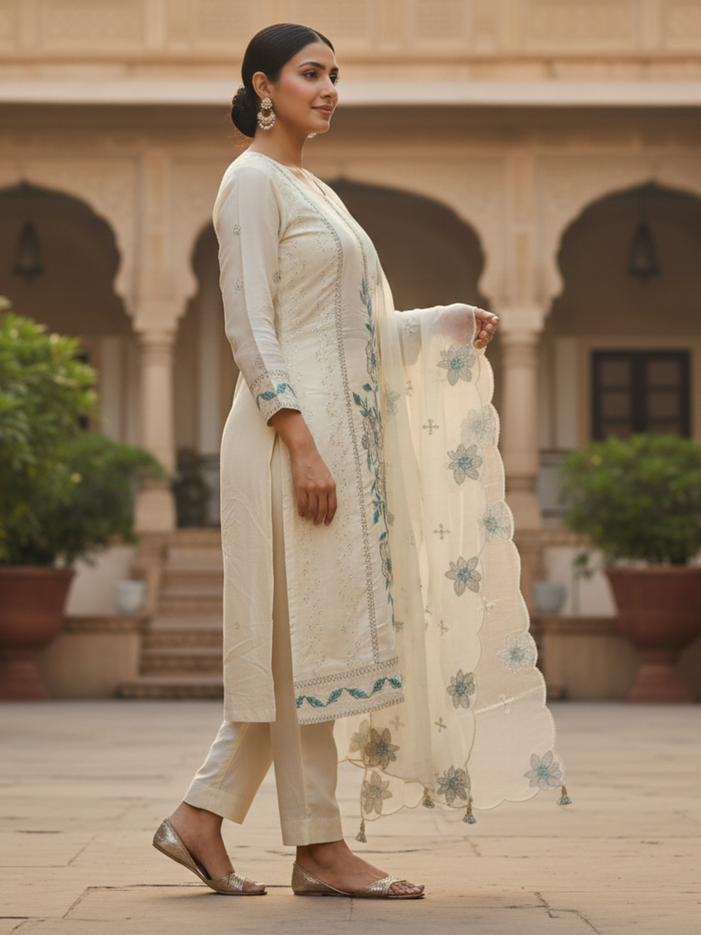 Elegant Ivory Floral Embroidered Kurta Pant Set with Dupatta – Plus Size (3XL, 4XL, 5XL)