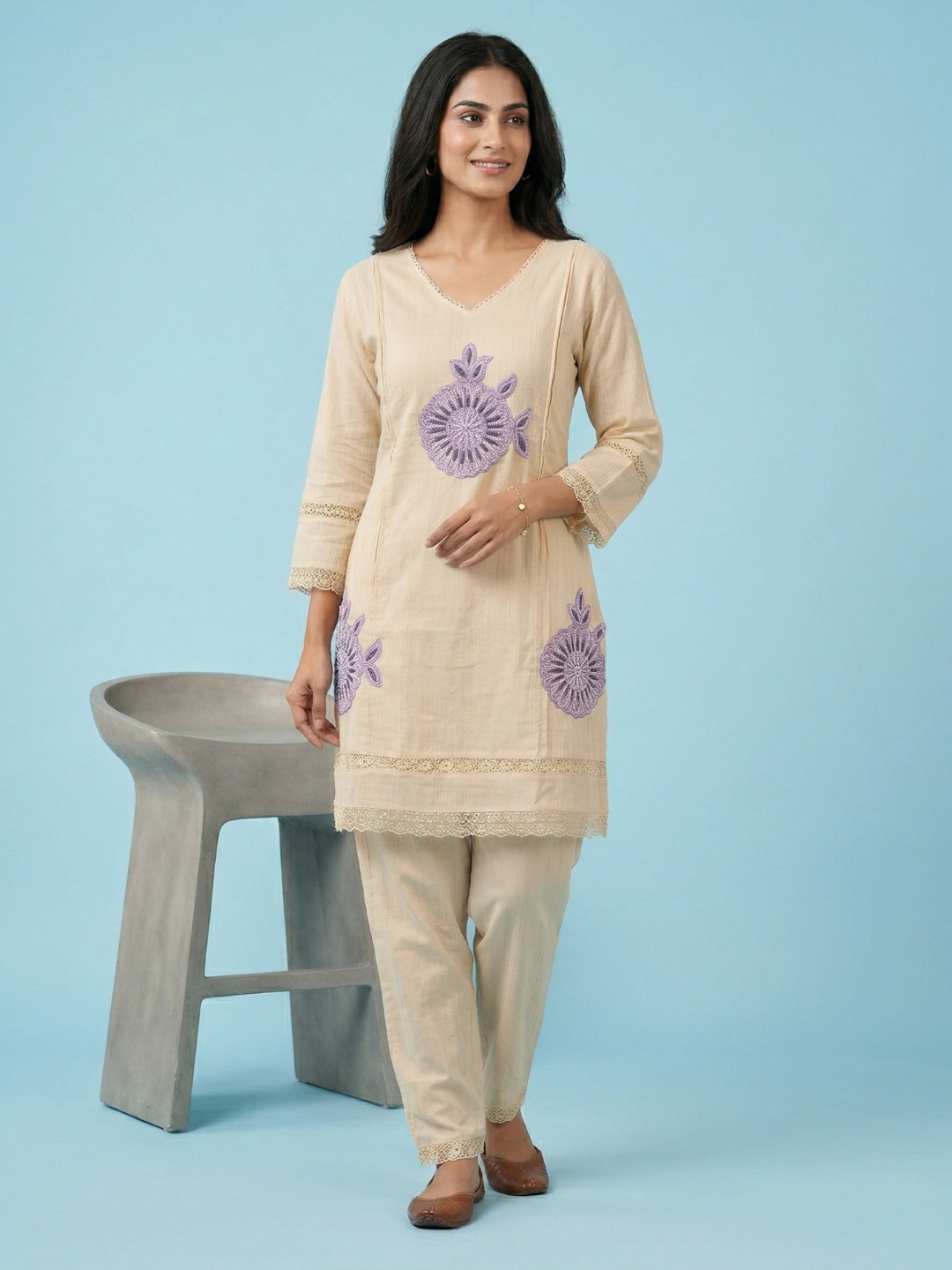 Beige Floral Embroidered Cotton Blend Kurta Pant Set – Elegant Daily & Festive Wear | Sizes M to XXL | Summer Special