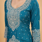 Teal Blue Embroidered Tissue Suit Set for Women | 3-Piece Kurta, Palazzo & Dupatta | Festive Wear