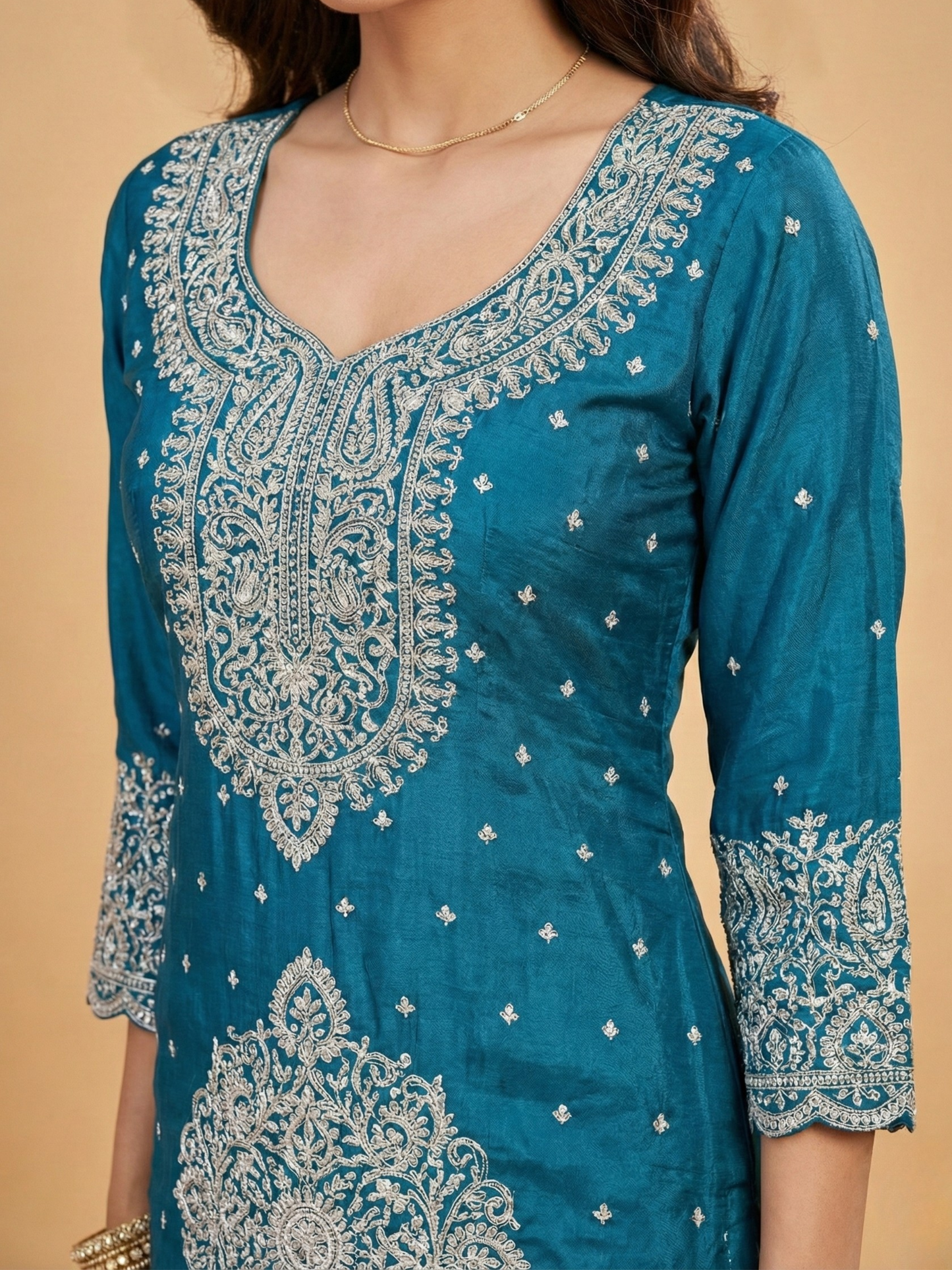 Teal Blue Embroidered Tissue Suit Set for Women | 3-Piece Kurta, Palazzo & Dupatta | Festive Wear