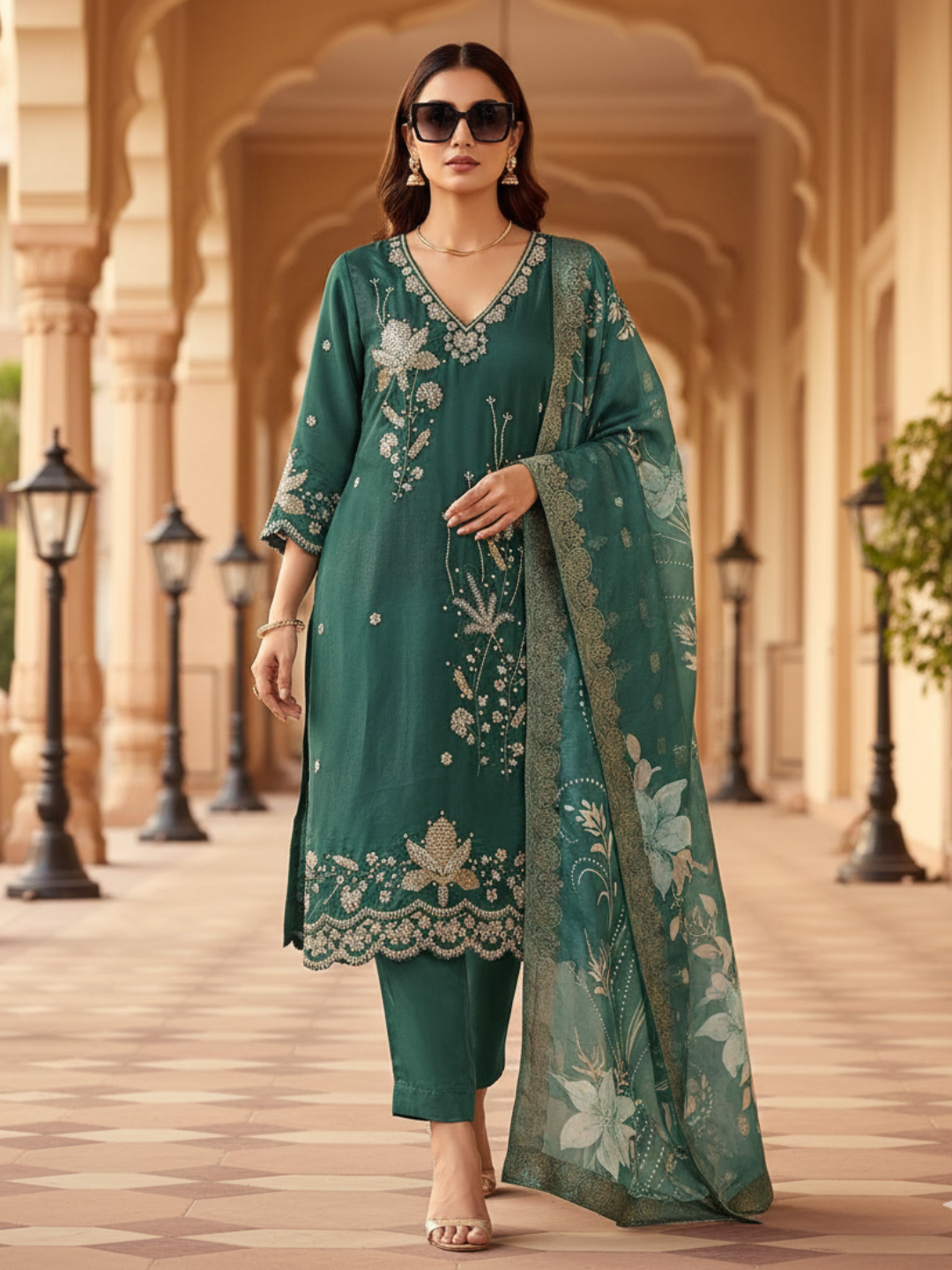 Deep Bottle Green Embroidered Kurta Pant Set with Printed Dupatta - Available in Plus Sizes by 3 Angel Fab LLP