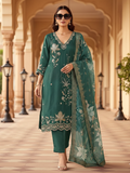 Deep Bottle Green Embroidered Kurta Pant Set with Printed Dupatta - Available in Plus Sizes by 3 Angel Fab LLP