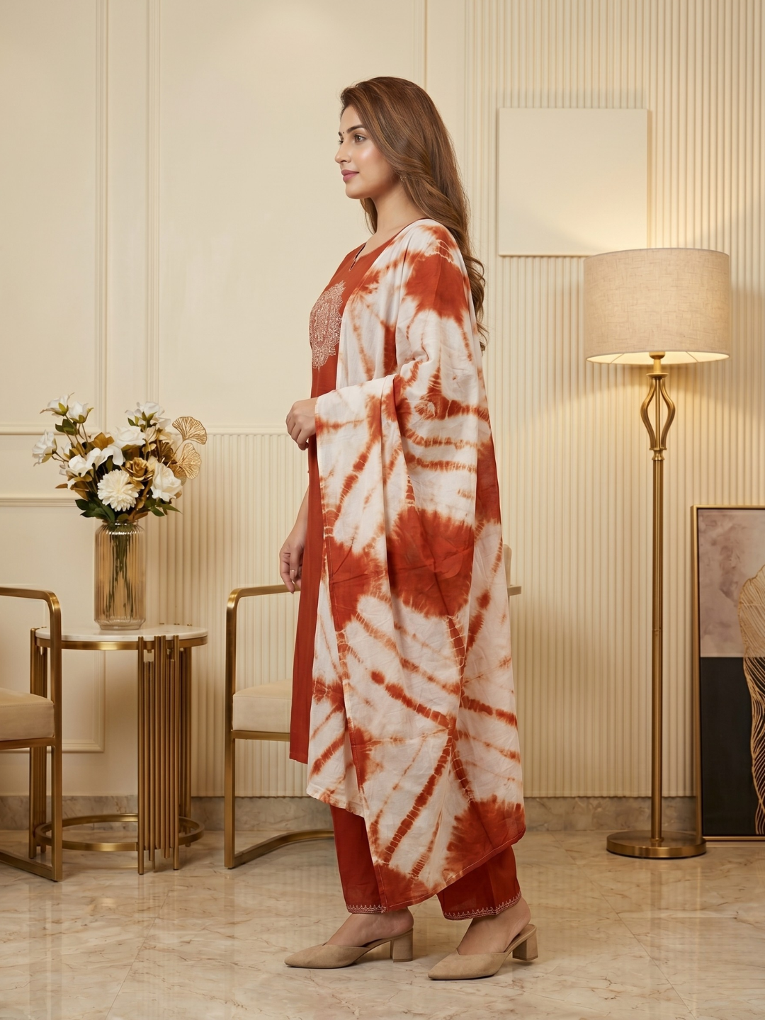 Rust Orange Printed Kurta Pant Set with Tie-Dye Dupatta for Women (M to XXL)