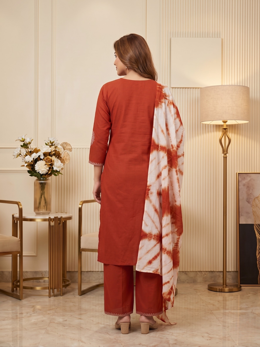 Rust Orange Printed Kurta Pant Set with Tie-Dye Dupatta for Women (M to XXL)