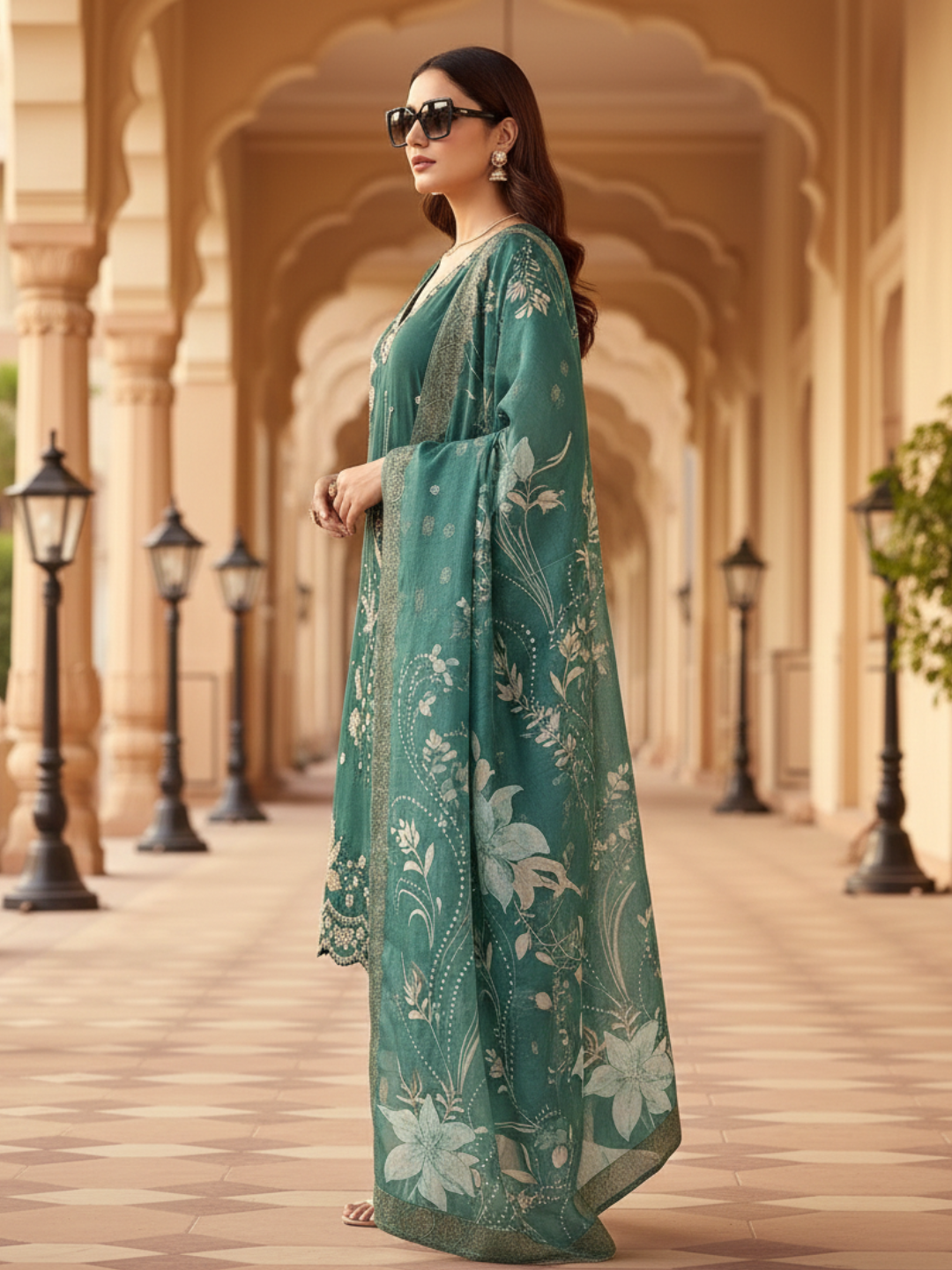 Deep Bottle Green Embroidered Kurta Pant Set with Printed Dupatta - Available in Plus Sizes by 3 Angel Fab LLP
