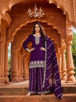 Purple Ethnic Set with Border Work | Straight Kurta, Dupatta and Palazzo | Festive Wear