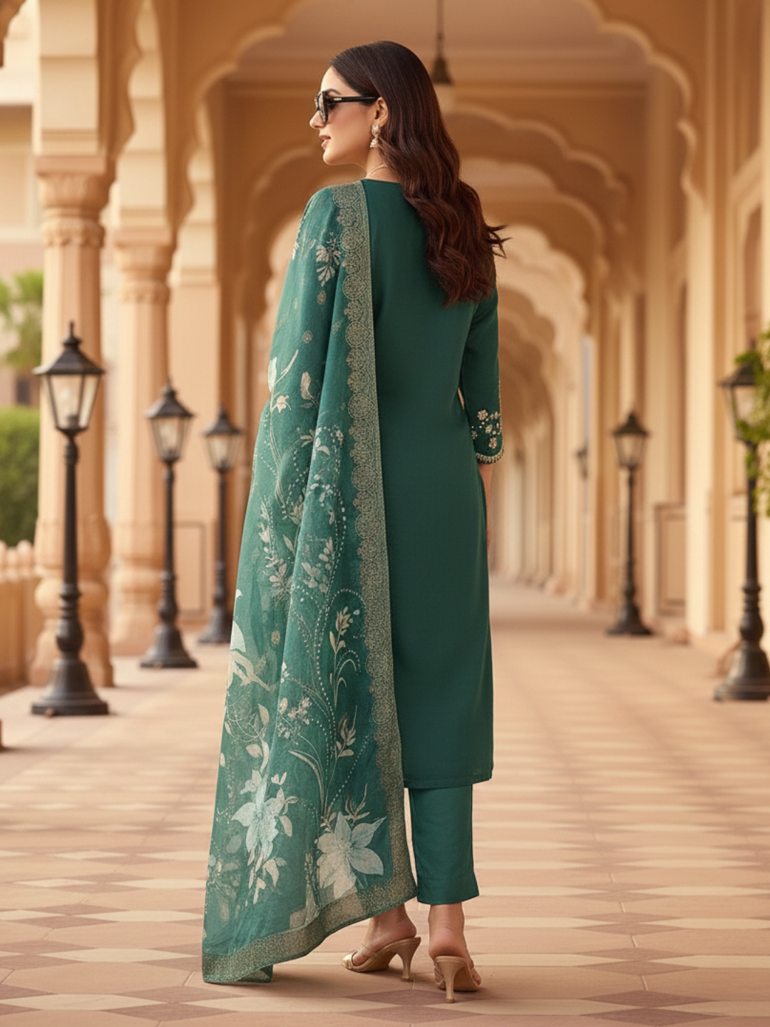 Deep Bottle Green Embroidered Kurta Pant Set with Printed Dupatta - Available in Plus Sizes by 3 Angel Fab LLP