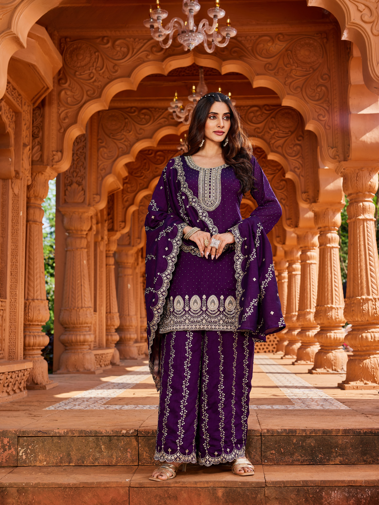 Purple Ethnic Set with Border Work | Straight Kurta, Dupatta and Palazzo | Festive Wear