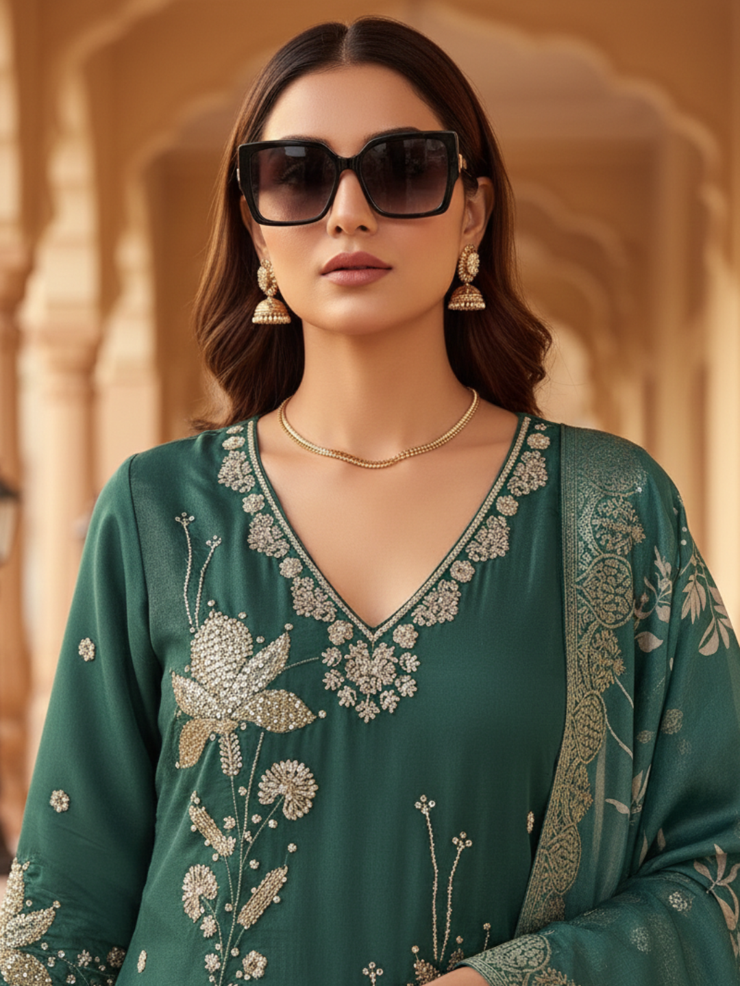 Deep Bottle Green Embroidered Kurta Pant Set with Printed Dupatta - Available in Plus Sizes by 3 Angel Fab LLP