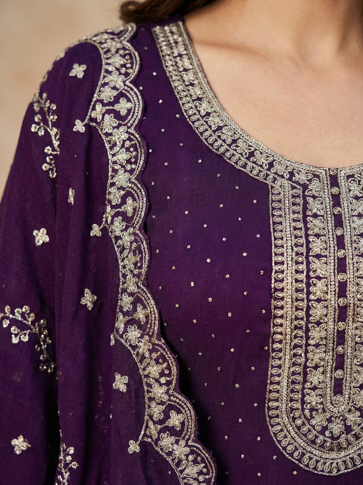 Purple Ethnic Set with Border Work | Straight Kurta, Dupatta and Palazzo | Festive Wear