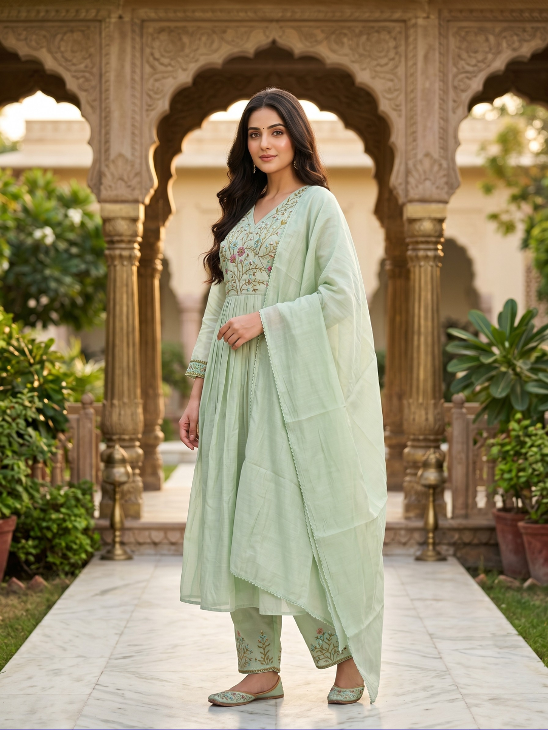 Mint Green Embroidered Anarkali Kurta Pant Set with Dupatta for Women (M to XXL)