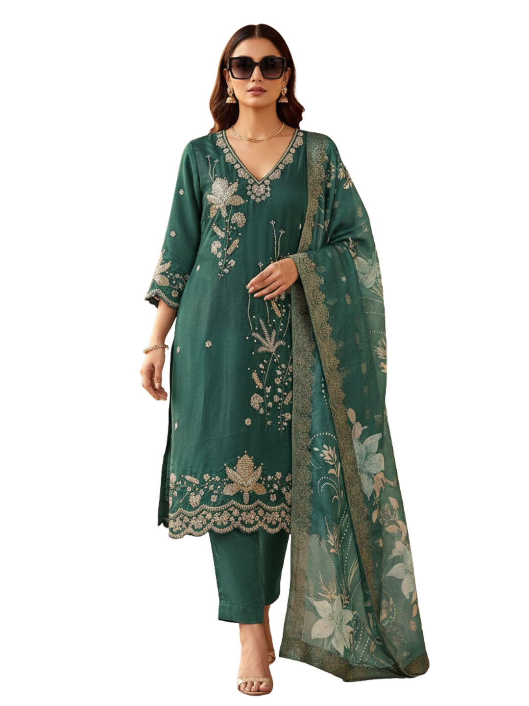 Deep Bottle Green Embroidered Kurta Pant Set with Printed Dupatta - Available in Plus Sizes by 3 Angel Fab LLP