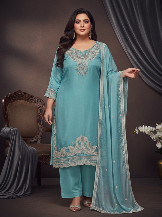 Aqua Mist Embroidered Kurta Pant Set with Graceful Dupatta - 3XL, 4XL, 5XL Collection