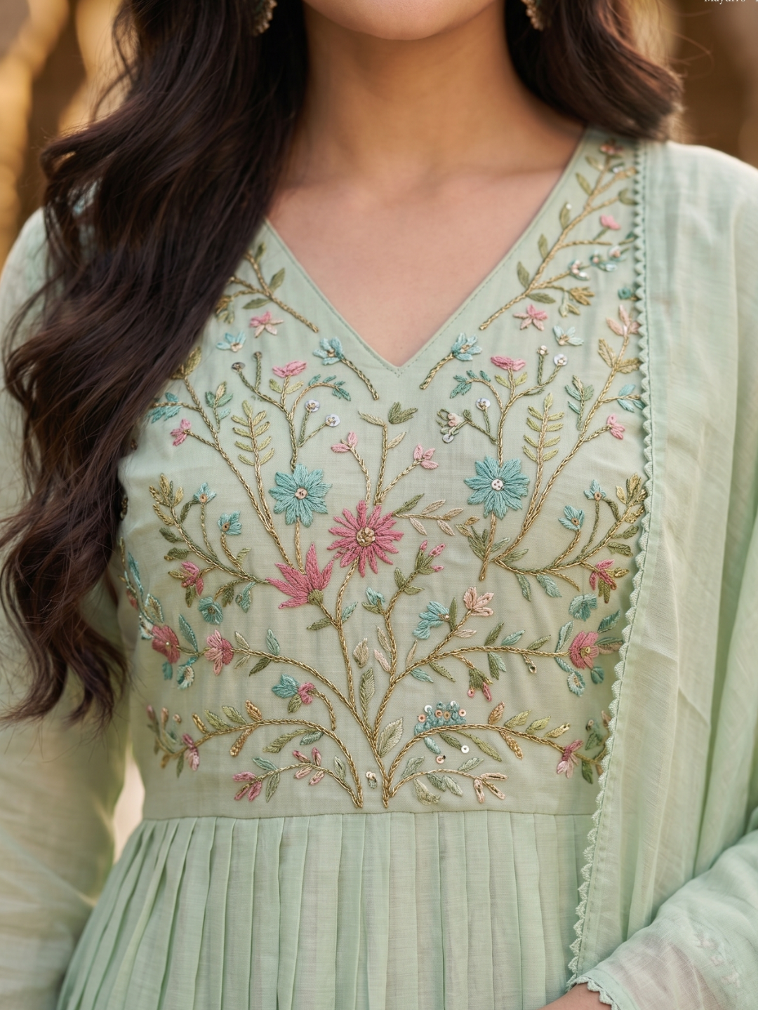 Mint Green Embroidered Anarkali Kurta Pant Set with Dupatta for Women (M to XXL)