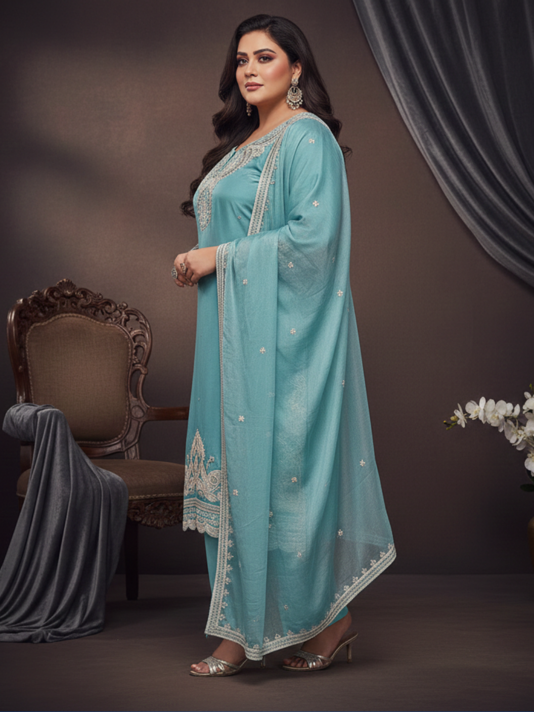 Aqua Mist Embroidered Kurta Pant Set with Graceful Dupatta - 3XL, 4XL, 5XL Collection