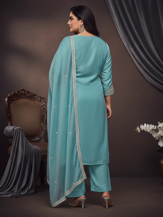 Aqua Mist Embroidered Kurta Pant Set with Graceful Dupatta - 3XL, 4XL, 5XL Collection