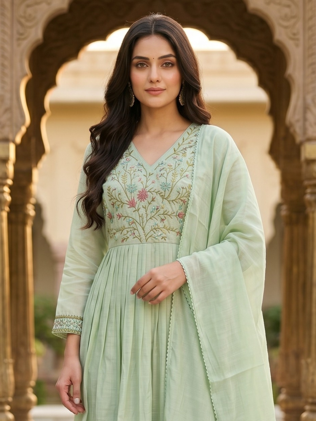 Mint Green Embroidered Anarkali Kurta Pant Set with Dupatta for Women (M to XXL)