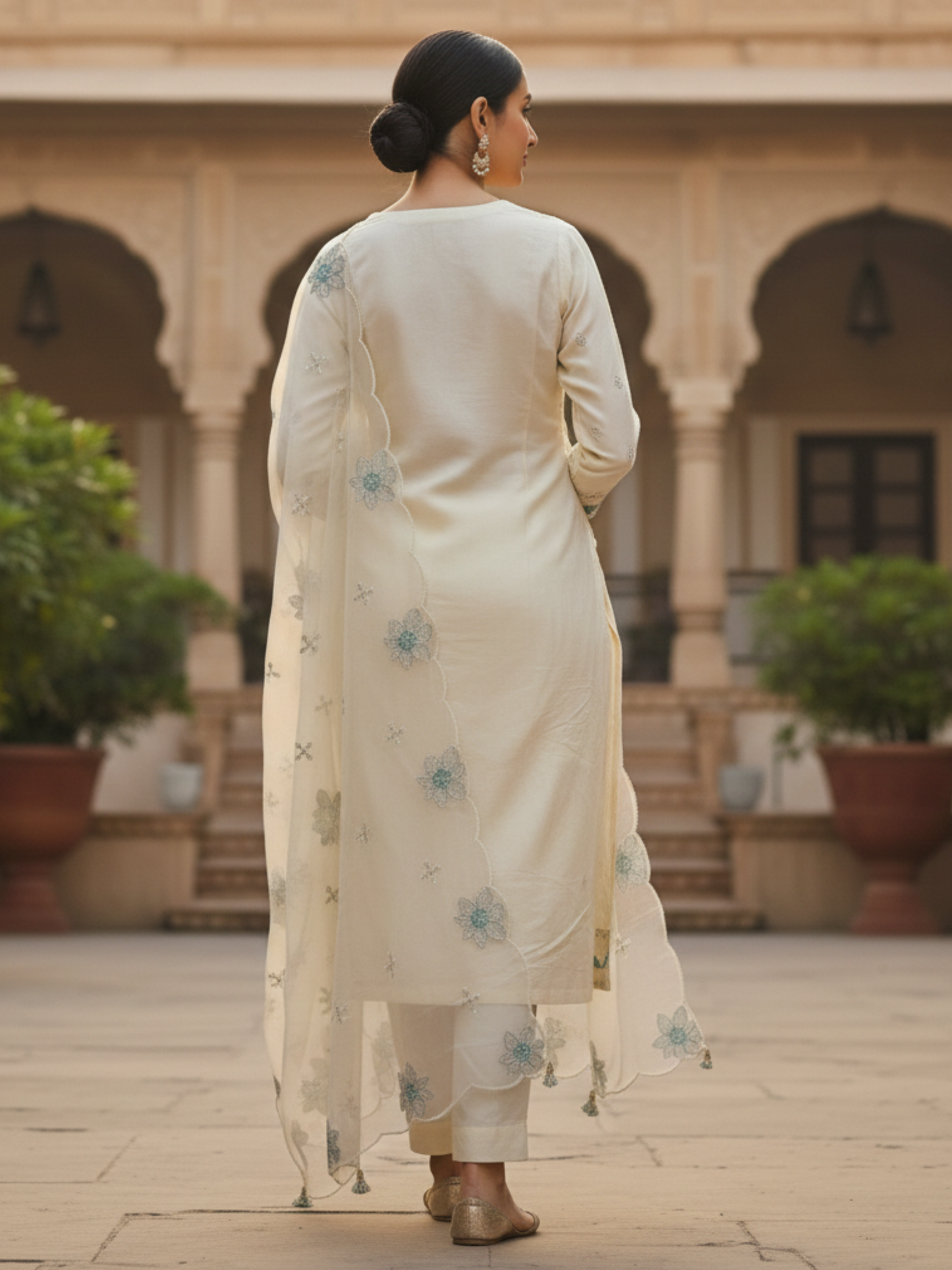 Elegant Ivory Floral Embroidered Kurta Pant Set with Dupatta – Plus Size (3XL, 4XL, 5XL)