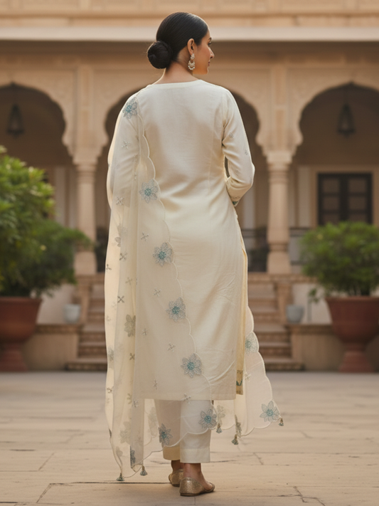 Elegant Ivory Floral Embroidered Kurta Pant Set with Dupatta – Plus Size (3XL, 4XL, 5XL)