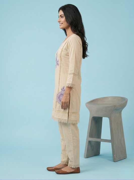 Beige Floral Embroidered Cotton Blend Kurta Pant Set – Elegant Daily & Festive Wear | Sizes M to XXL | Summer Special