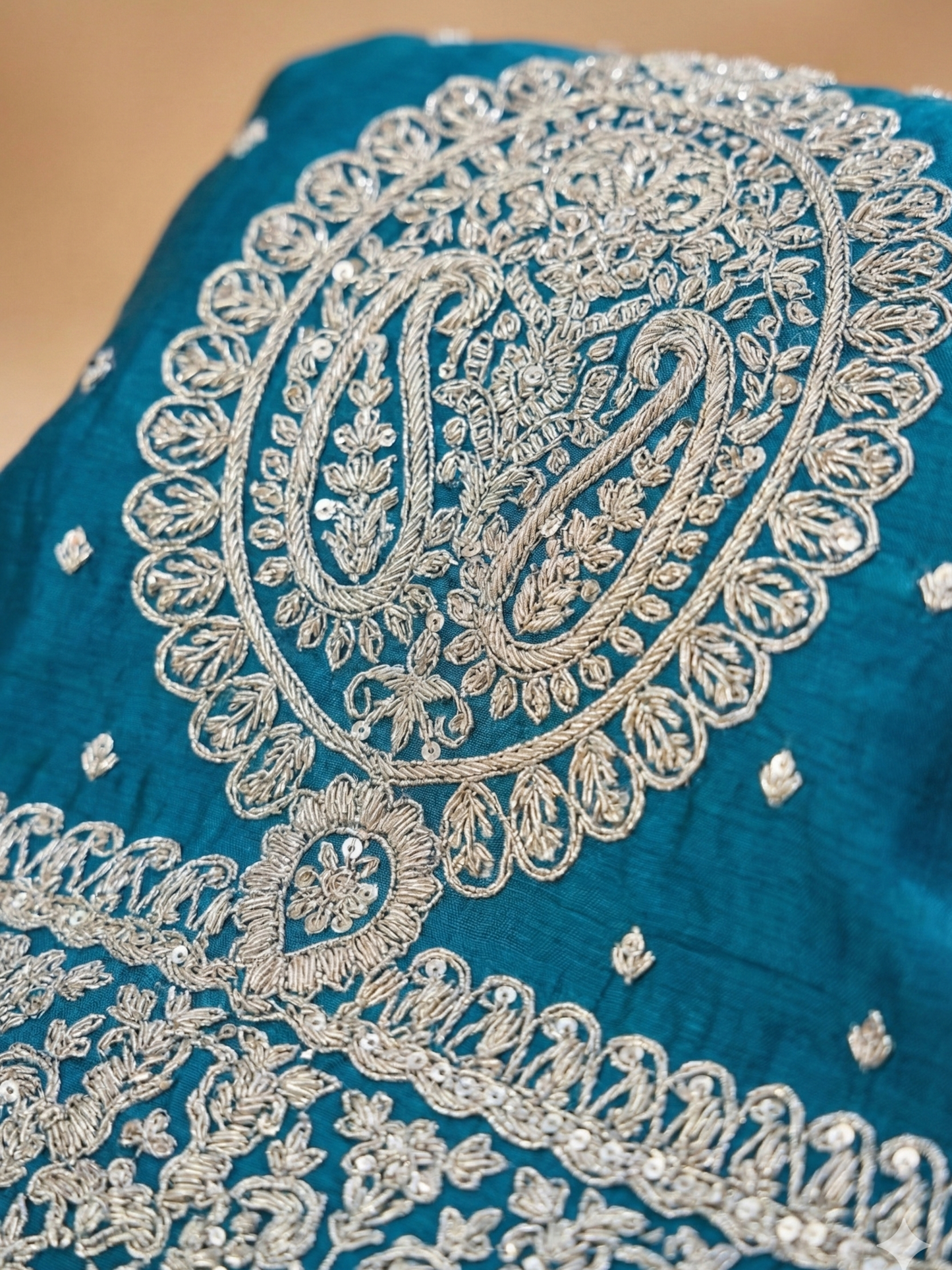 Teal Blue Embroidered Tissue Suit Set for Women | 3-Piece Kurta, Palazzo & Dupatta | Festive Wear