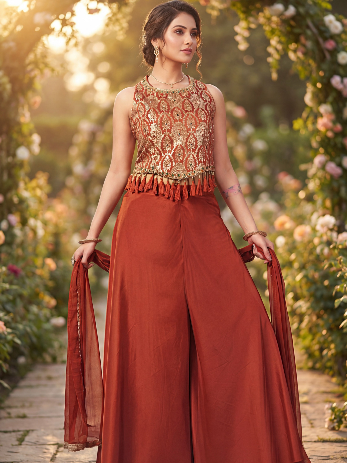 Indo-Western Backless Lehenga Set with Embroidered Tassel Choli & Flared Palazzo
